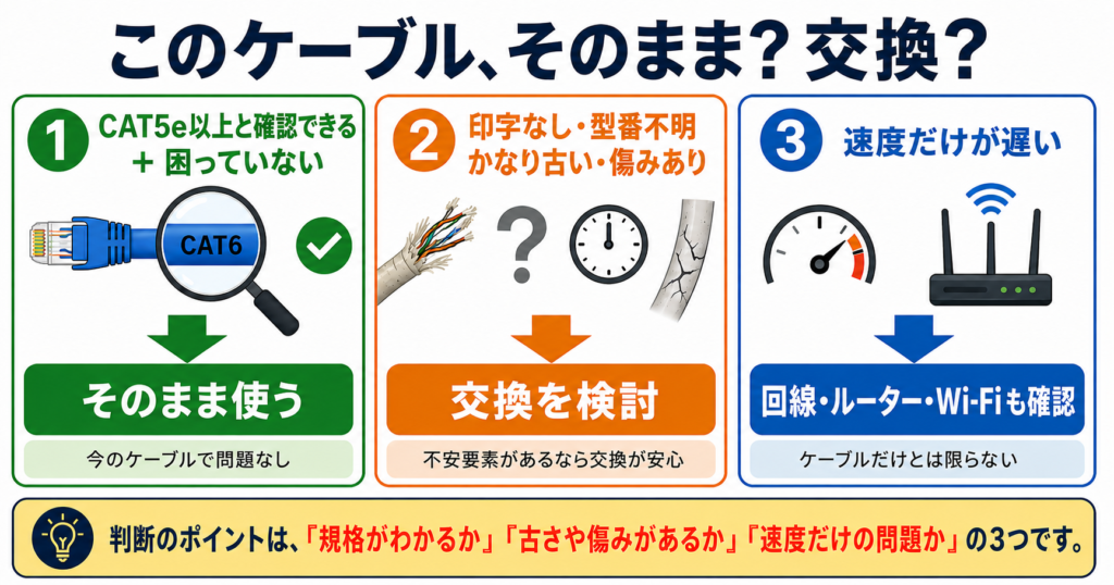 CAT5e以上と確認でき問題なく使えていれば継続し、印字なし・型番不明・かなり古い・傷みがある場合は交換を検討し、速度だけが遅い場合は回線やルーター、Wi-Fiも確認する判断図。