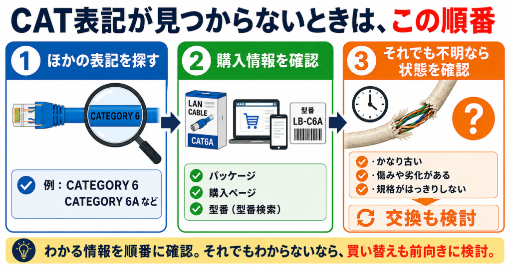 CAT表記が見つからないLANケーブルを、CATEGORYなどの別表記、パッケージ・購入ページ・型番の順に確認し、それでも不明なら古さや状態を見て交換を検討する手順図。