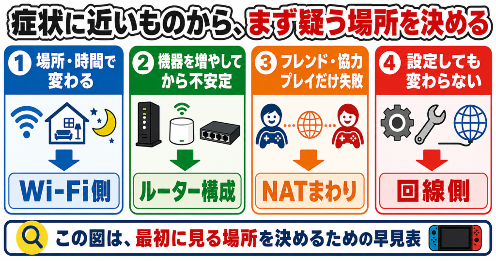 Switchの通信トラブルを、場所や時間で変わるならWi-Fi側、機器追加後ならルーター構成、フレンド・協力プレイだけ失敗するならNATまわり、設定しても変わらないなら回線側に分ける判断図。