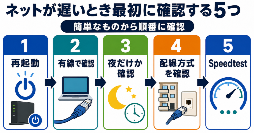 マンションのネットが遅いときに、再起動・有線確認・夜だけか確認・配線方式確認・Speedtestによる速度測定の順で切り分ける5ステップ図