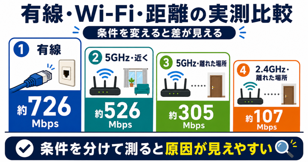 有線・5GHz近く・5GHz離れた場所・2.4GHz離れた場所の下り速度を比較し、接続方法や距離で速度差が出ることを示した実測図