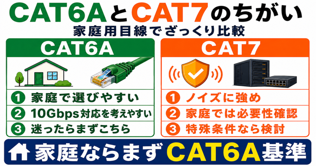 CAT6Aは家庭用として選びやすく、CAT7はノイズに強い一方で家庭では必要性を確認して選ぶ違いを整理した図