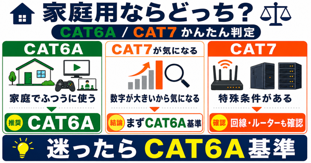 家庭用ならまずCAT6Aを基準にし、CAT7は特殊な条件がある場合に回線やルーターなども確認して検討する判断図