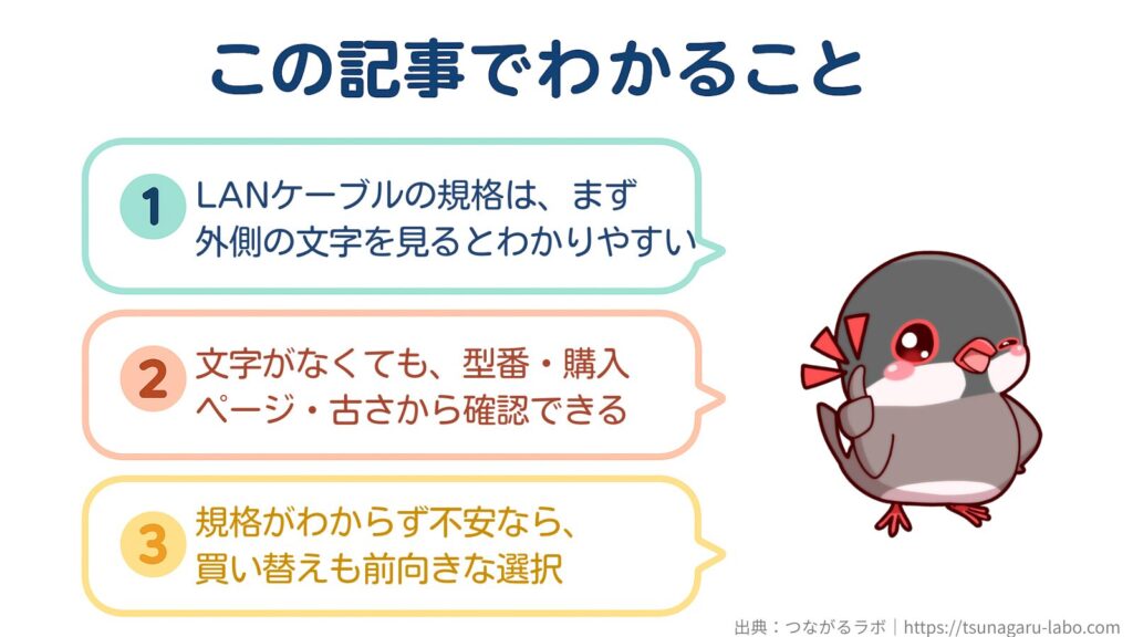 この記事でわかること
①LANケーブルの規格は、まず外側の文字を見るとわかりやすい
②文字がなくても、型番・購入ページ・古さから確認できる
③規格がわからず不安なら、買い替えも前向きな選択