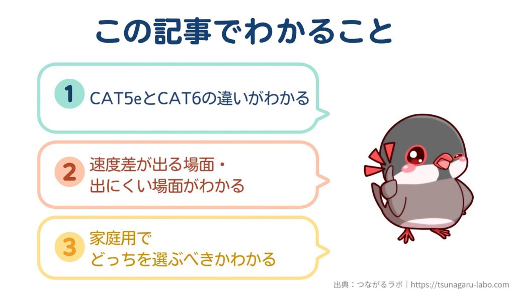この記事でわかること
①CAT5eとCAT6の違いがわかる
②速度差が出る場面・出にくい場面がわかる
③家庭用でどっちを選ぶべきかわかる