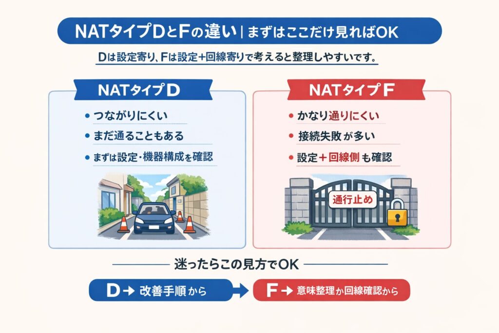 NATタイプDとFの違いを比較した図。Dは「つながりにくい・まだ通ることもある・まずは設定や機器構成を確認」、Fは「かなり通りにくい・接続失敗が多い・設定に加えて回線側も確認」と整理し、迷ったときはDは改善手順、Fは意味整理か回線確認から進むと示している。