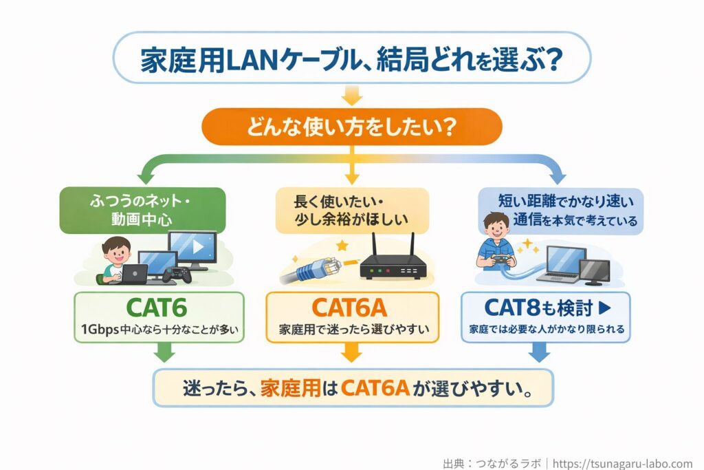 家庭用LANケーブルの選び方を示した分岐図。ふつうのネットや動画中心ならCAT6、長く使いたいならCAT6A、短い距離でかなり速い通信を本気で考えるならCAT8も検討で、迷ったら家庭用はCAT6Aが選びやすいことを示している