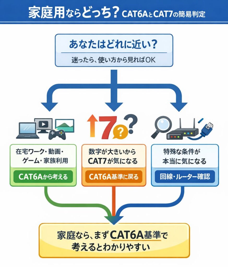 CAT6AとCAT7の家庭用簡易判定図。在宅ワークや動画、ゲーム、家族利用ならCAT6Aから考え、数字が大きいからCAT7が気になる場合はいったんCAT6A基準に戻り、特殊条件が気になる場合は回線やルーター確認が先とわかる図解