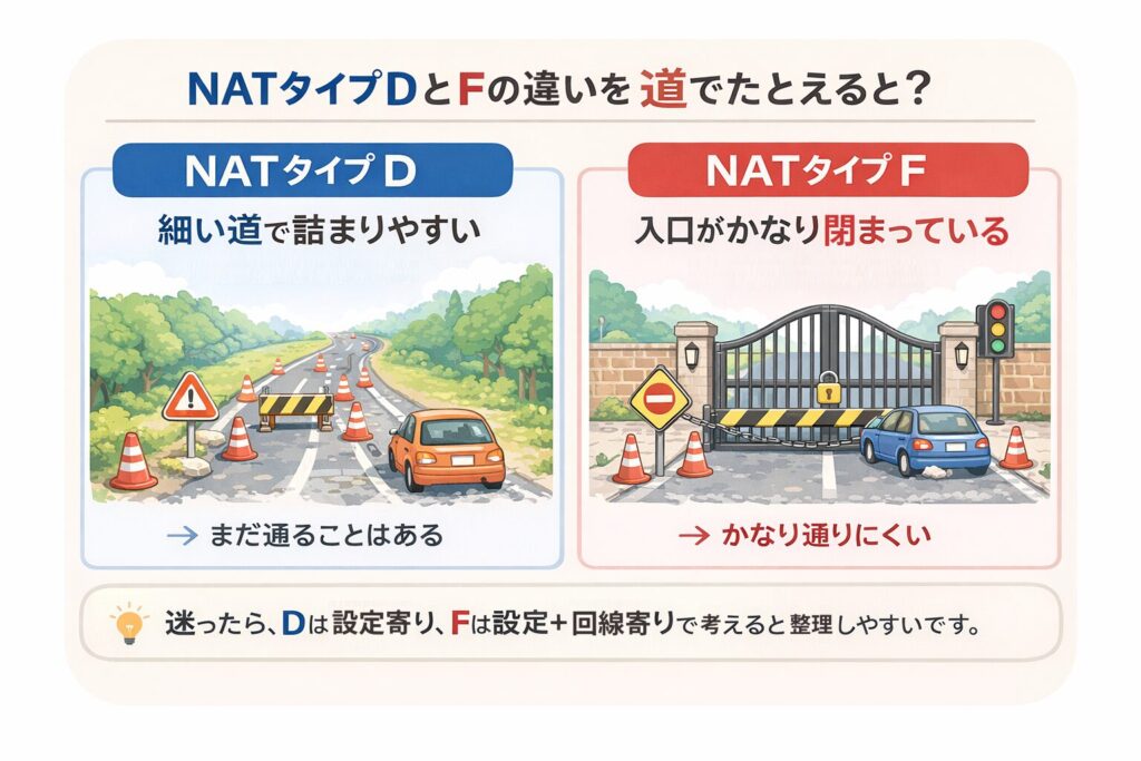 NATタイプDとFの違いを道にたとえた比較図。Dは細い道で車が詰まりやすいがまだ通れる状態、Fは入口の門がかなり閉まっていて通りにくい状態として描かれ、迷ったらDは設定寄り、Fは設定と回線寄りで考えると整理しやすいことを示している。