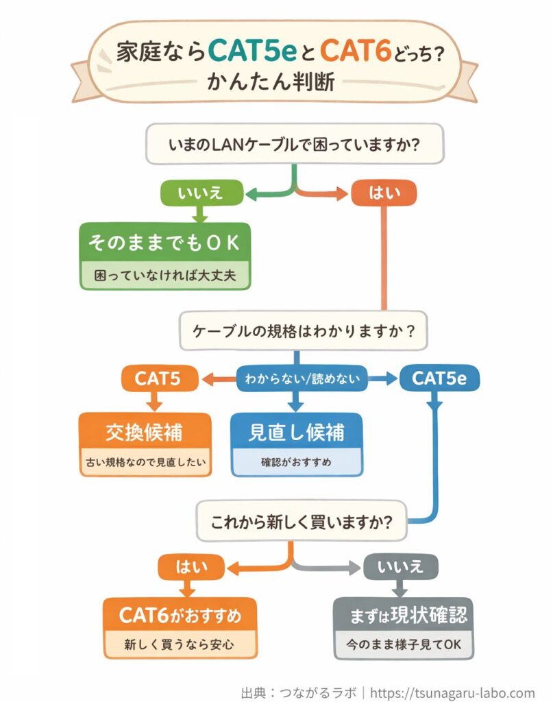 CAT5eとCAT6の選び方を示す分岐図。今のLANケーブルで困っていなければそのままでもOK、CAT5なら交換候補、CAT5eで新しく買うならCAT6がおすすめ、買わないならまずは現状確認。