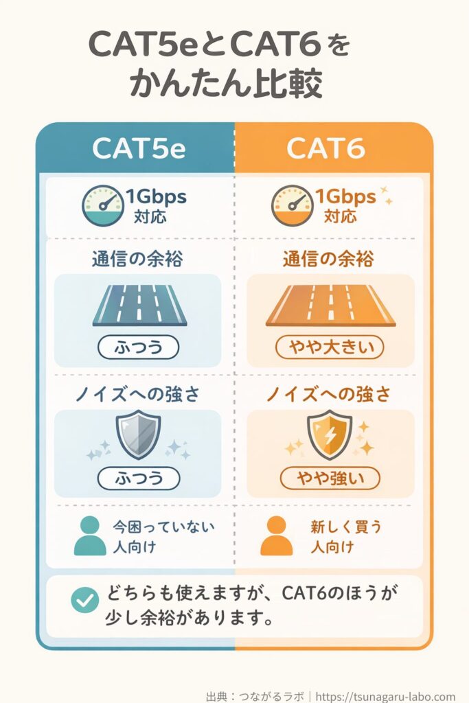 CAT5eとCAT6の比較図。どちらも1Gbps対応だが、CAT6のほうが通信の余裕とノイズへの強さがやや高く、新しく買う人向けと示している。