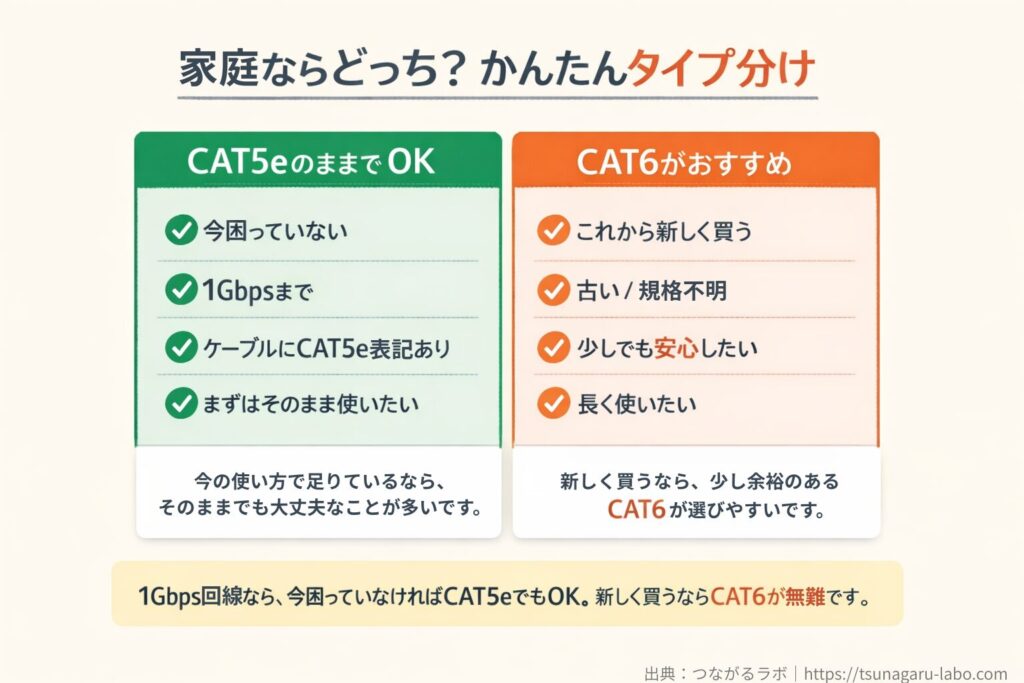 CAT5eのままでOKな人とCAT6がおすすめな人を分けた比較図。今困っておらず1Gbps回線まででCAT5e表記があるならそのままでもよく、新しく買う人や古いケーブル・規格不明の人はCAT6がおすすめと示している。