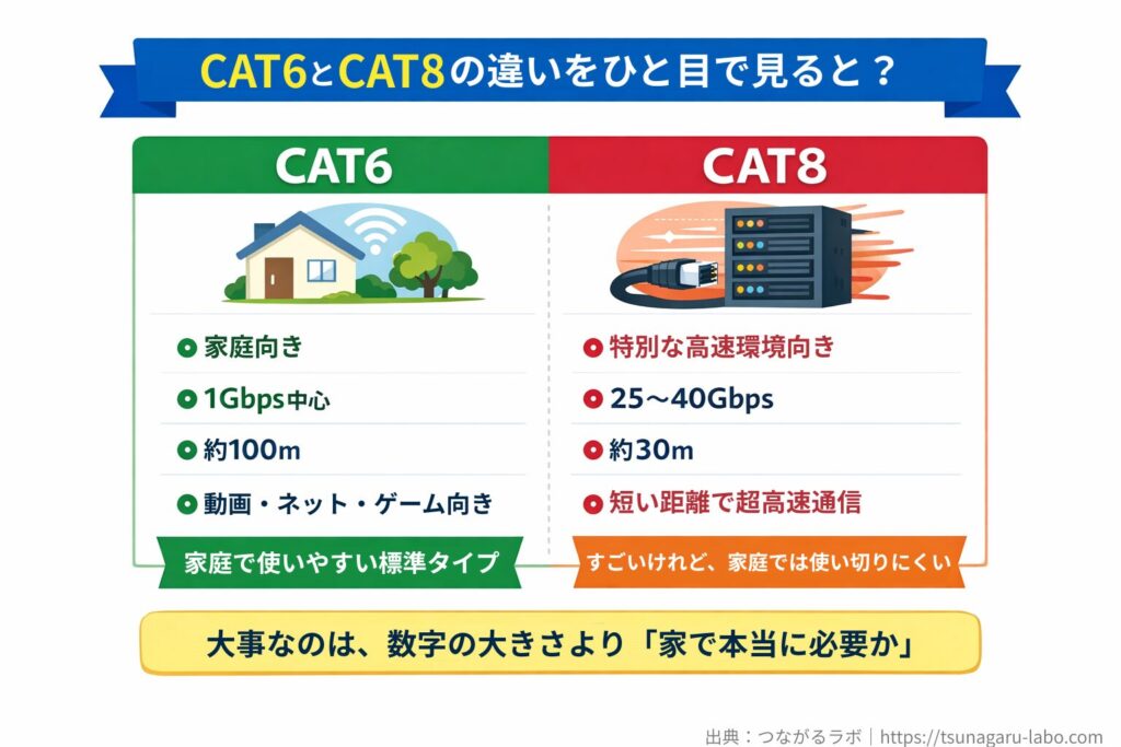 CAT6とCAT8の違いを比較した図。CAT6は家庭向き・1Gbps中心・約100m、CAT8は特別な高速環境向き・25〜40Gbps・約30mで、家庭では使い切りにくいことを示している