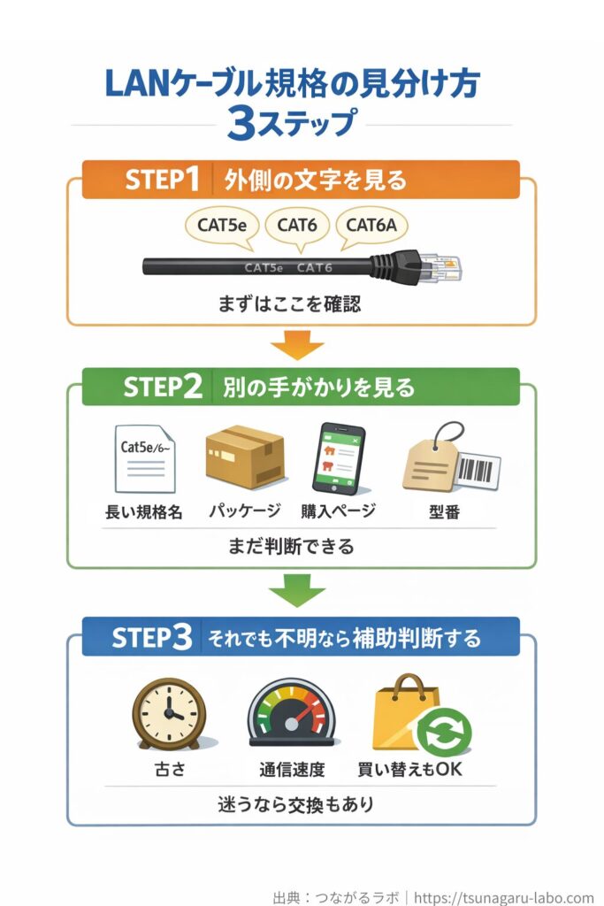 LANケーブル規格の見分け方を3ステップで示した図。STEP1は外側の文字を見る、STEP2は長い規格名・パッケージ・購入ページ・型番を確認、STEP3は古さ・通信速度を参考にして必要なら買い替えを考える