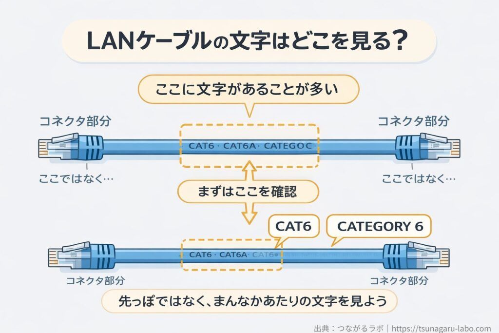 LANケーブルの文字を見る場所を示した図。コネクタ部分ではなく、ケーブル中央の外側にCAT6やCATEGORY 6などの文字が書かれていることが多いと説明している