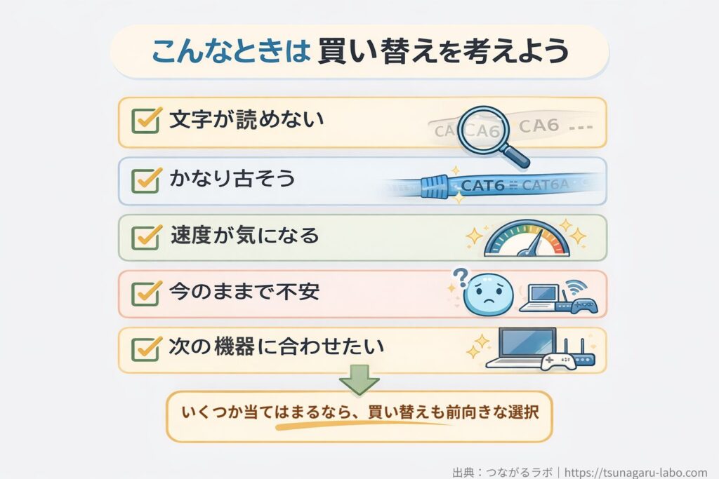 LANケーブルの買い替えを考える目安を示した図。文字が読めない、かなり古そう、速度が気になる、今のままで不安、次の機器に合わせたい、の5つに当てはまるなら買い替えも前向きな選択と説明している