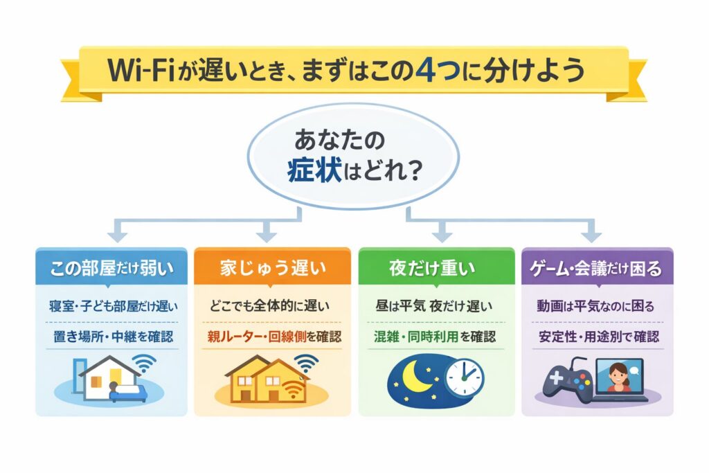 Wi-Fiが遅いときの症状別4分岐の早見図。1部屋だけ弱い、家じゅう遅い、夜だけ重い、ゲーム・会議だけ困るの4タイプを整理した図