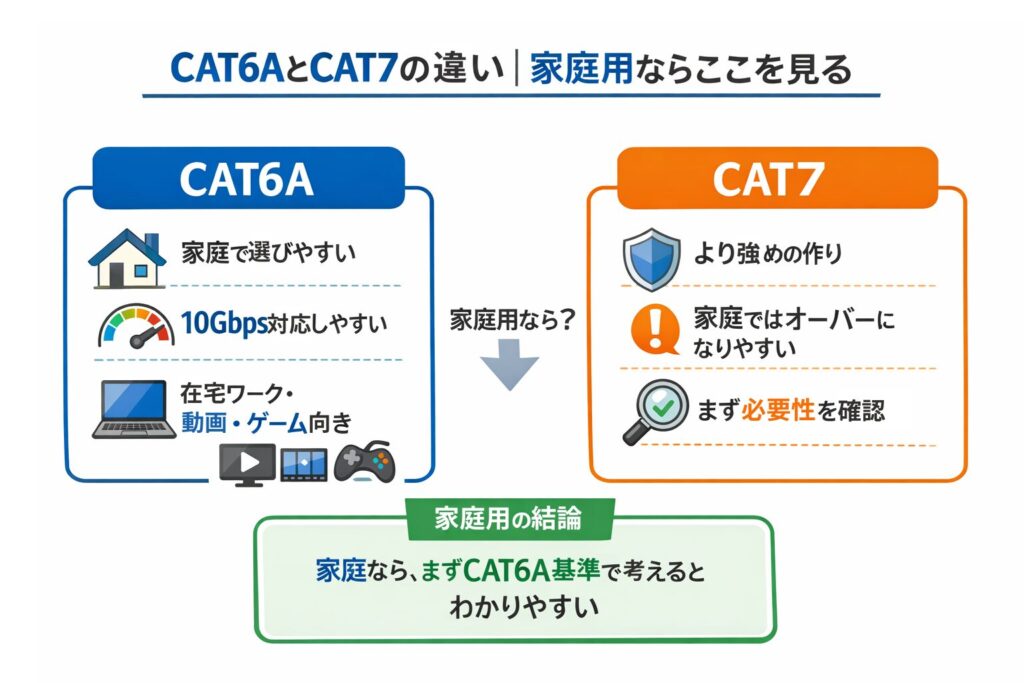 CAT6AとCAT7の違いを家庭用目線で整理した比較図。CAT6Aは家庭で選びやすく、CAT7はまず必要性確認が先とわかる図解