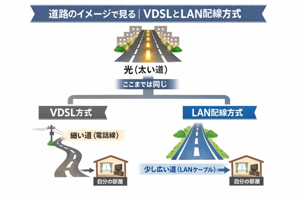 VDSLとLAN配線方式の違いを道路の太さでたとえた図。建物までは同じ光回線で、部屋まではVDSLが細い電話線、LAN配線方式が少し広いLANケーブルでつながることを示している。