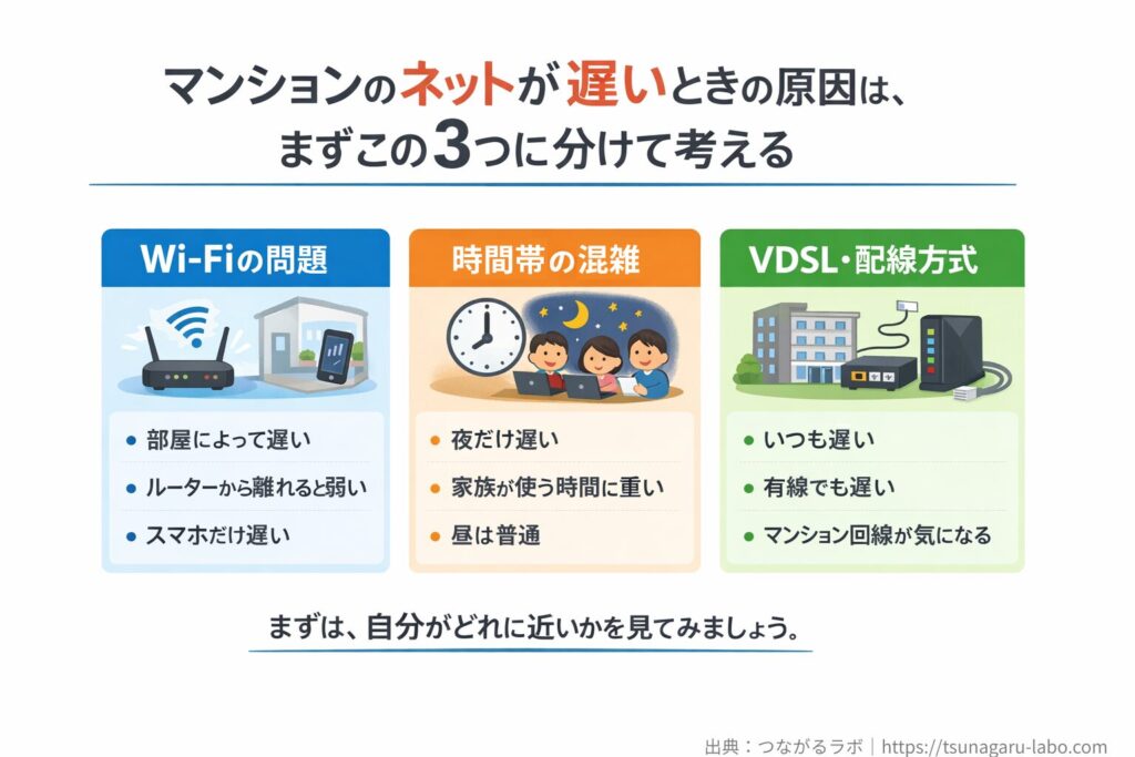 マンションのネットが遅い原因を、Wi-Fiの問題・時間帯の混雑・VDSLや配線方式の3つに分けて整理した図