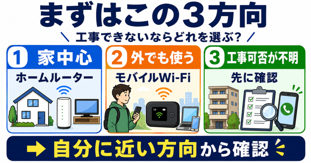VDSL終了後に光工事が難しい場合、家中心ならホームルーター、外でも使うならモバイルWi-Fi、工事可否が不明なら先に確認する3方向を示す図。