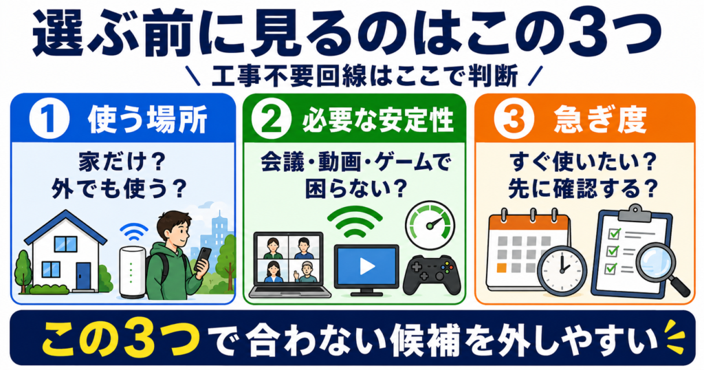 工事不要回線を選ぶ前に確認したい「使う場所・必要な安定性・急ぎ度」の3つの判断基準を示す図。