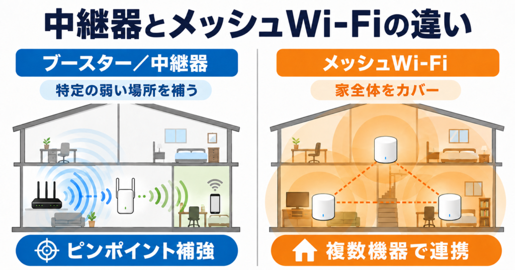 Wi-Fiブースター/中継器は特定の弱い場所をピンポイントで補い、メッシュWi-Fiは複数の機器で家全体をカバーする違いを示す比較図。