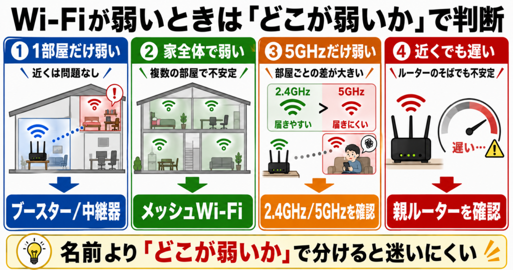 Wi-Fiが弱い状況を、1部屋だけならブースター/中継器、家全体ならメッシュWi-Fi、5GHzだけ遠い部屋で弱いなら2.4GHz・5GHzの確認、ルーター近くでも遅いなら親ルーター確認に分ける判断図。