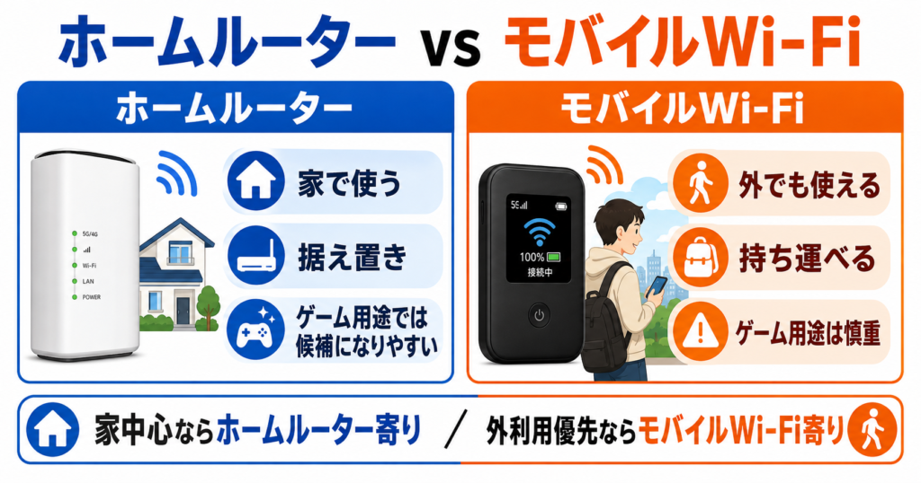 ホームルーターは家で使う据え置き型、モバイルWi-Fiは外へ持ち運べるタイプという違いと、ゲーム用途では家中心ならホームルーター寄り、外利用優先ならモバイルWi-Fi寄りで考える比較図。