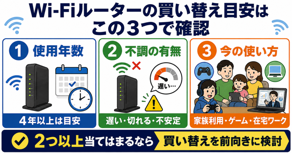 Wi-Fiルーターの買い替え目安を、使用年数、不調の有無、現在の使い方の3つで確認し、2つ以上当てはまる場合は買い替えを前向きに検討する目安を示す図。