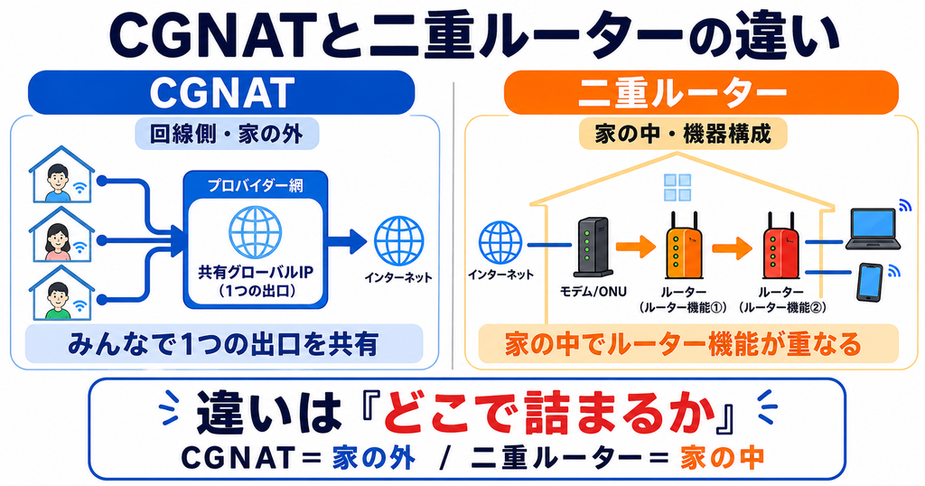 CGNATと二重ルーターの違いを示す比較図。CGNATは回線会社側でグローバルIPを共有し、二重ルーターは家庭内で2台のルーター機能が重なる構成を示している。