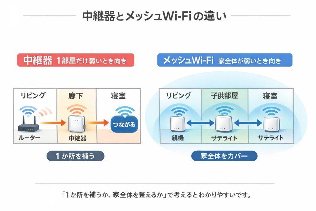 中継器とメッシュWi-Fiの違い（1か所だけ弱い場合と家全体が弱い場合のカバー方法）