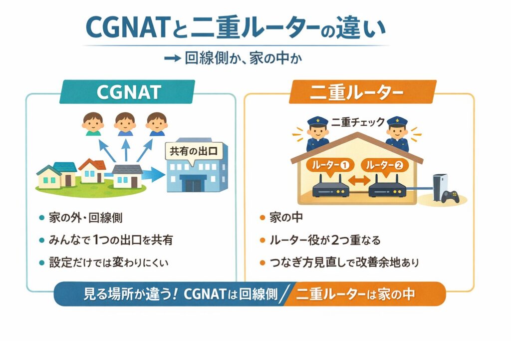 CGNATと二重ルーターの違いを比較した図。CGNATは回線側で出口を共有、二重ルーターは家の中でルーターが2つ重なる構成