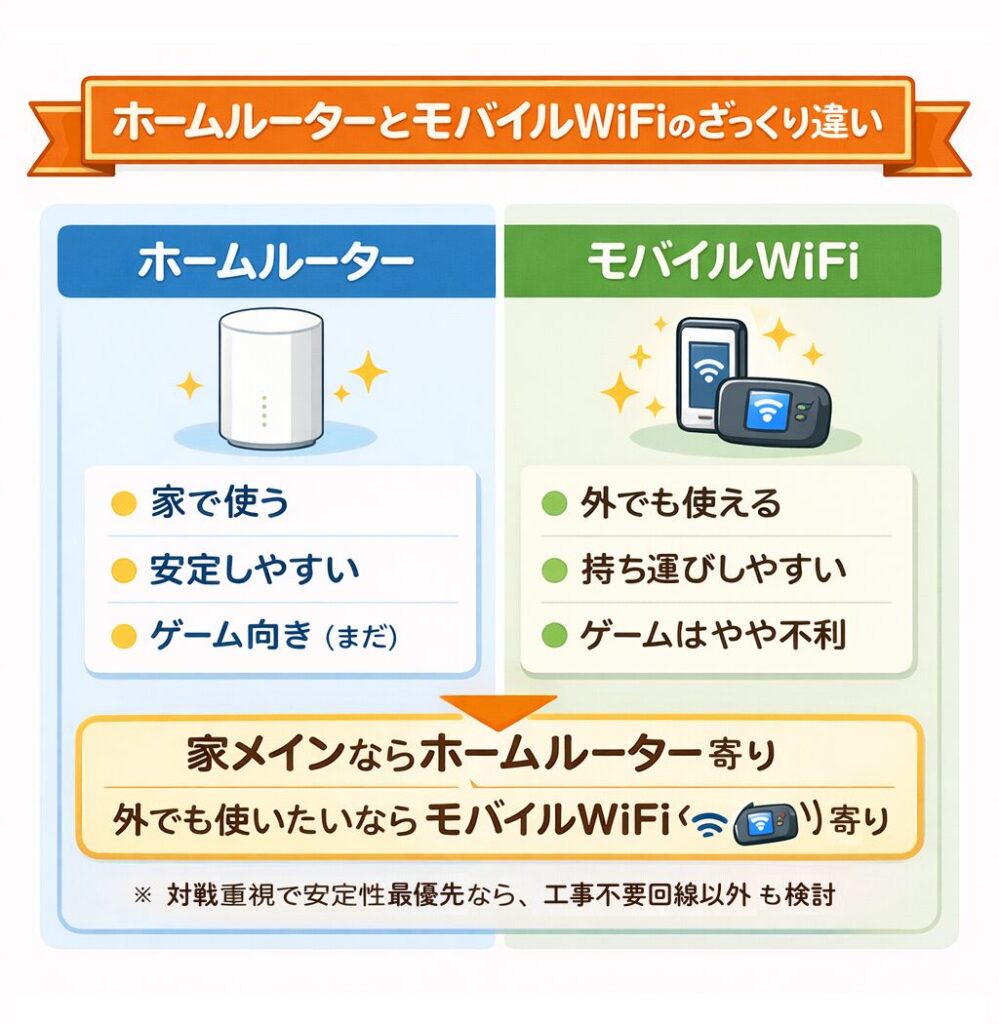 ホームルーターとモバイルWiFiのざっくりした違いを比較した図。ホームルーターは家で使う・安定しやすい・ゲーム向き、モバイルWiFiは外でも使える・持ち運びしやすい・ゲームはやや不利という特徴を整理した比較図