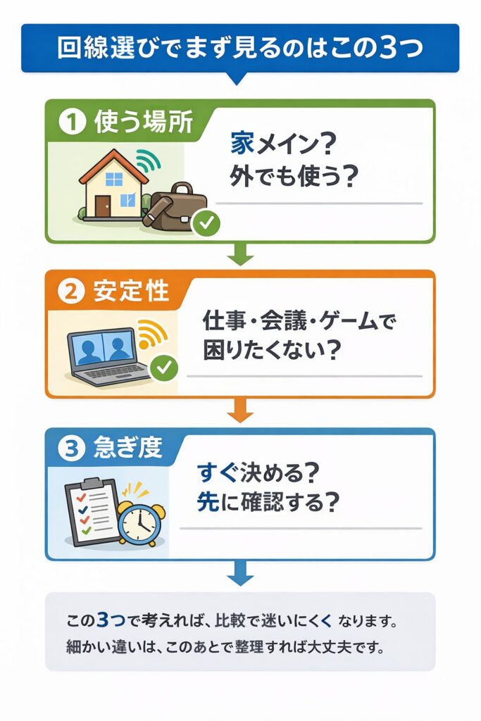 工事不要回線の選び方で見るべき3つの判断基準（使う場所・安定性・急ぎ度）を整理した図