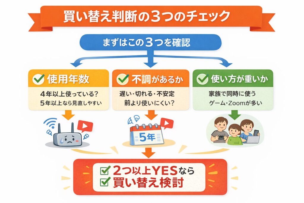 Wi-Fiルーターの買い替え判断のチェック図。使用年数(4年以上)、不調の有無、使い方の重さの3つを確認し、2つ以上当てはまる場合は買い替えを検討する目安を示した図