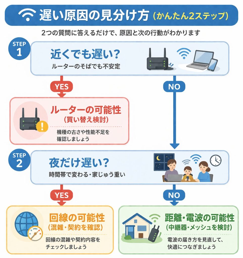 Wi-Fiが遅い原因を見分けるフローチャート。近くでも遅い場合はルーターの可能性、夜だけ遅い場合は回線の可能性、それ以外は距離や電波の問題と判断できる図