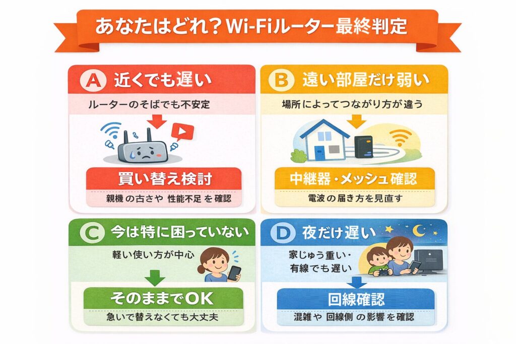 Wi-Fiルーターの最終判定図。近くでも遅い場合は買い替え検討、遠い部屋だけ弱い場合は中継器やメッシュを確認、今は特に困っていない場合はそのままでOK、夜だけ遅い場合は回線確認と判断できる図