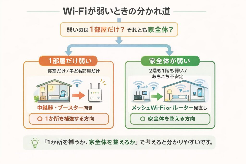 Wi-Fiが弱い原因の分岐（1部屋だけ弱いなら中継器、家全体ならメッシュやルーター見直し）