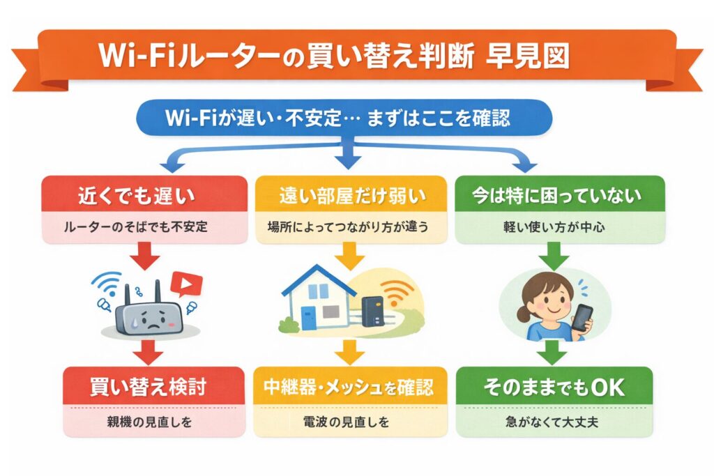 Wi-Fiルーターの買い替え判断の早見図。近くでも遅い場合は買い替え検討、遠い部屋だけ弱い場合は中継器やメッシュを確認、問題がなければそのままでもOKと分岐で示した図