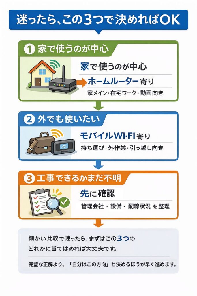 工事不要回線の最終判断を示した図。家中心ならホームルーター、外でも使うならモバイルWi-Fi、不明な場合は先に確認する3択を示している