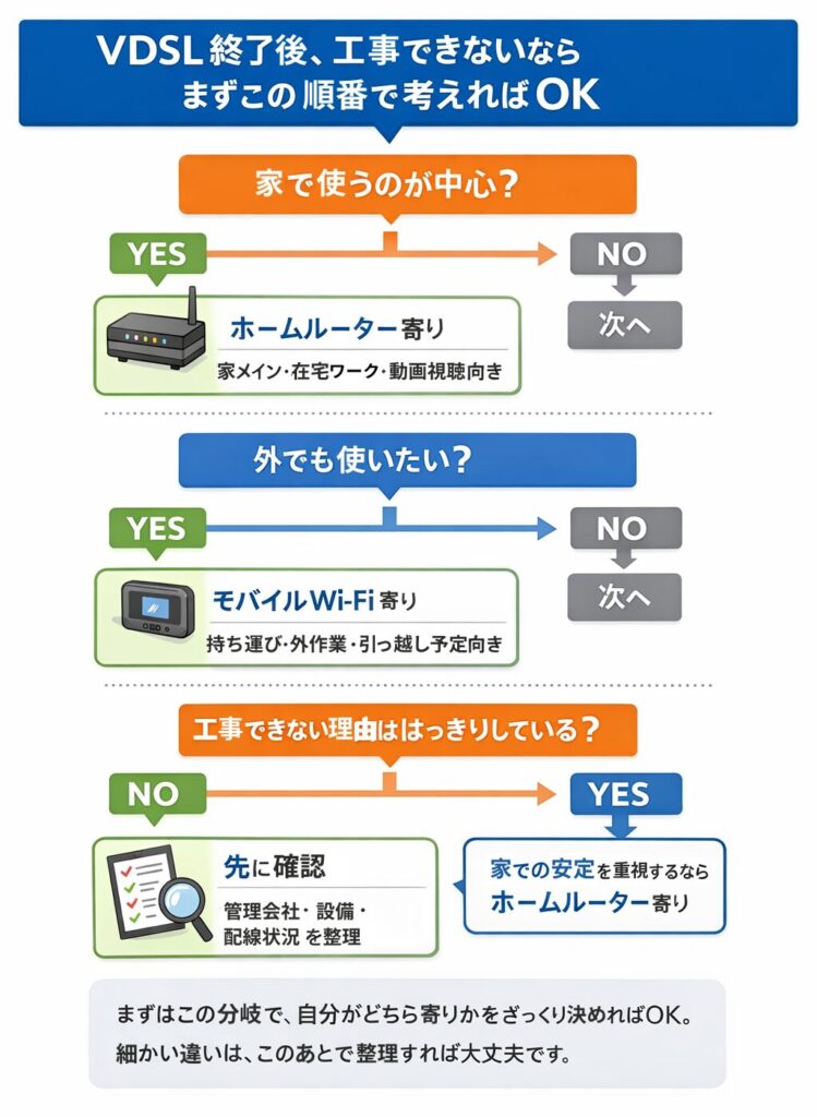 VDSL終了後に工事できない場合の回線選びの分岐図。家中心ならホームルーター、外でも使うならモバイルWi-Fi、不明な場合は先に確認する流れを示した図。