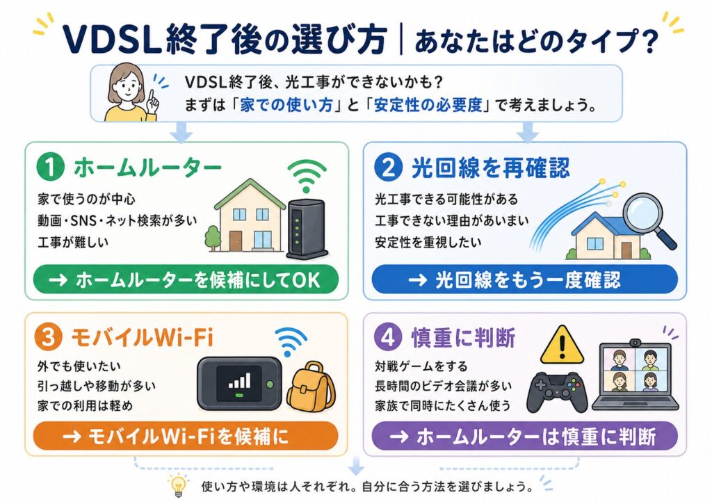 VDSL終了後にホームルーター・光回線の再確認・モバイルWi-Fi・慎重判断の4タイプで選び方を整理した図解