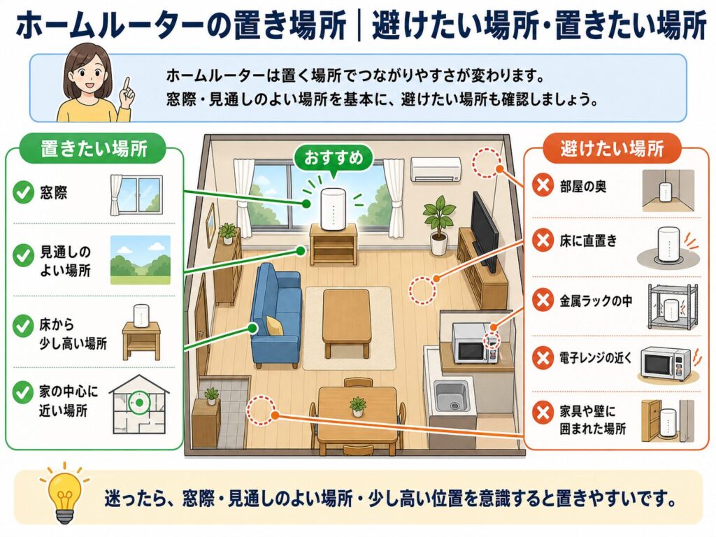 ホームルーターの置き場所として、窓際や見通しのよい場所など置きたい場所と、床に直置きや電子レンジの近くなど避けたい場所を整理した図解