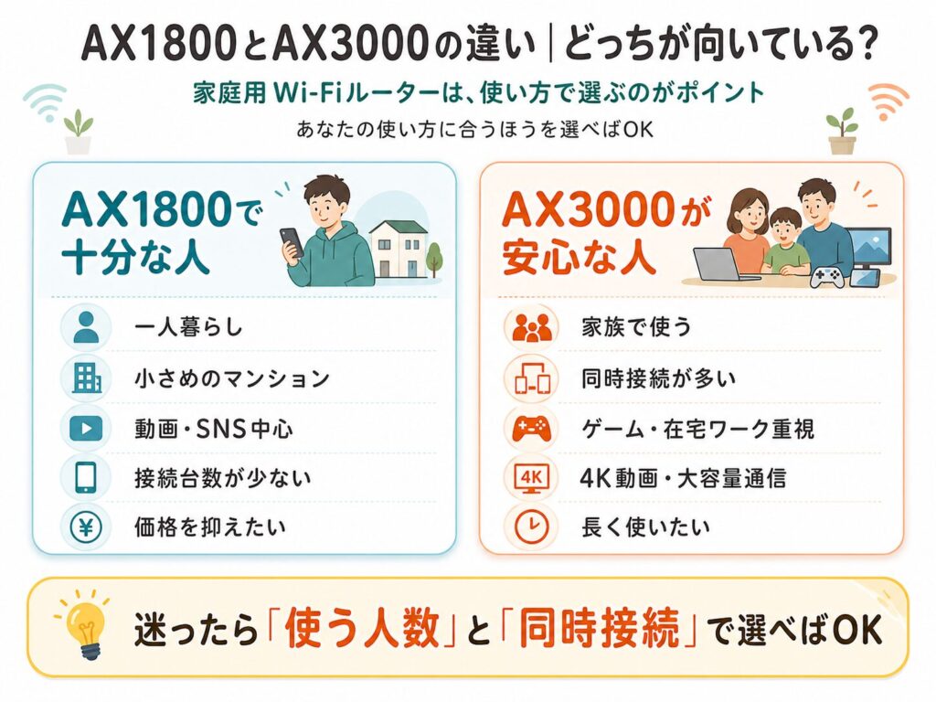 AX1800とAX3000の違いを比較した図。AX1800は一人暮らしや動画・SNS中心向け、AX3000は家族利用や同時接続が多い人向け。
