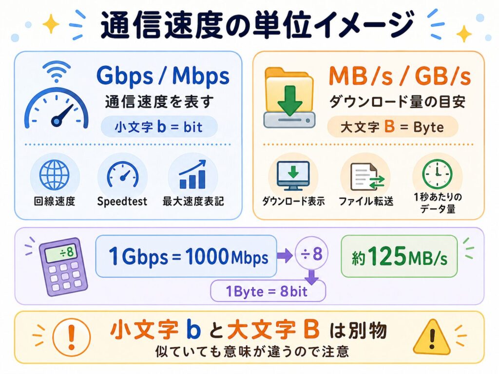 通信速度の単位を整理した図解。GbpsとMbpsは通信速度、小文字bはbit、MB/sとGB/sはデータ量の目安で大文字BはByteを表し、1Gbpsは1000Mbps、約125MB/sになる関係を示している。