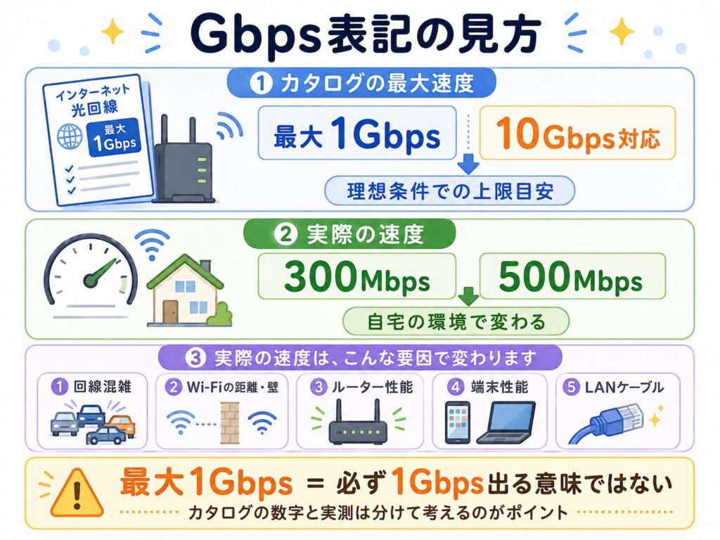 Gbps表記の見方をまとめた図解。カタログの最大1Gbpsや10Gbps対応は理想条件での上限目安で、実際の速度は300Mbpsや500Mbpsなど自宅の環境で変わり、回線混雑、Wi-Fiの距離や壁、ルーター性能、端末性能、LANケーブルの影響を受けることを示している。