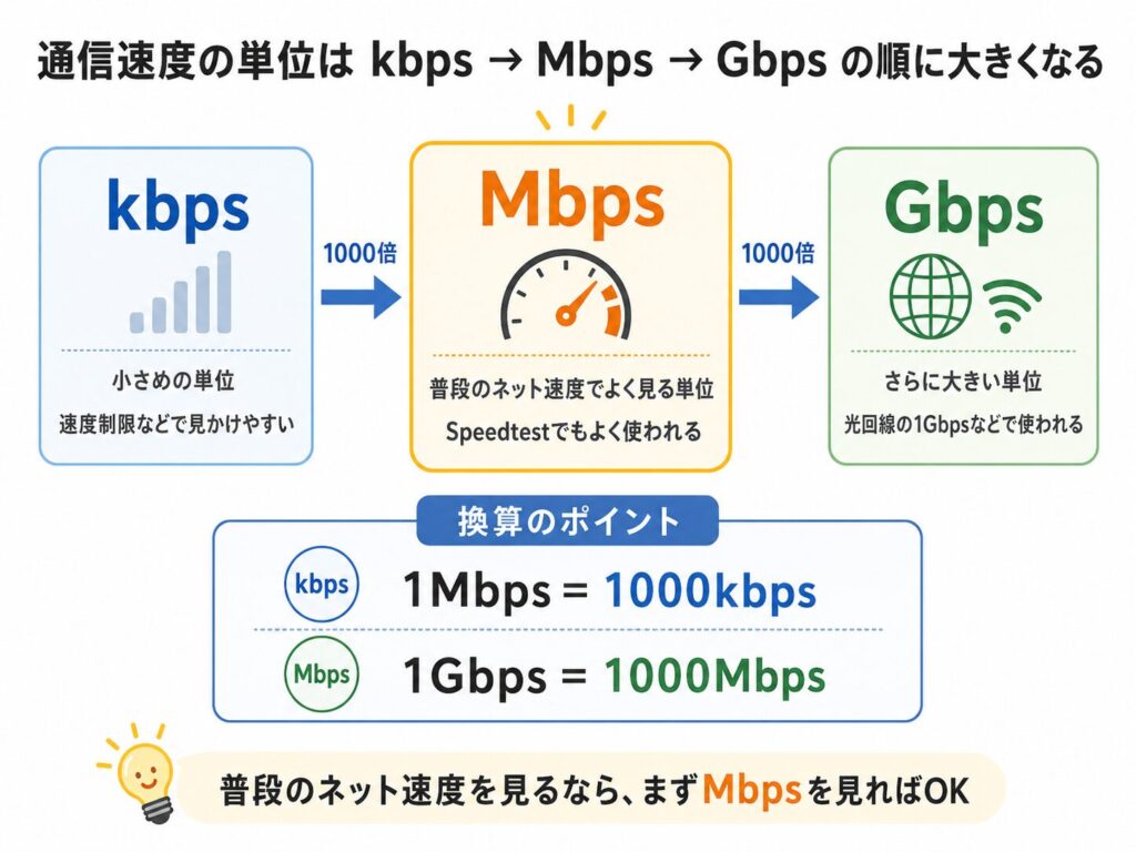通信速度の単位の大きさを示す図。kbps、Mbps、Gbpsの順に大きくなり、1Mbpsは1000kbps、1Gbpsは1000Mbps。普段のネット速度はMbpsを見ることが多い。