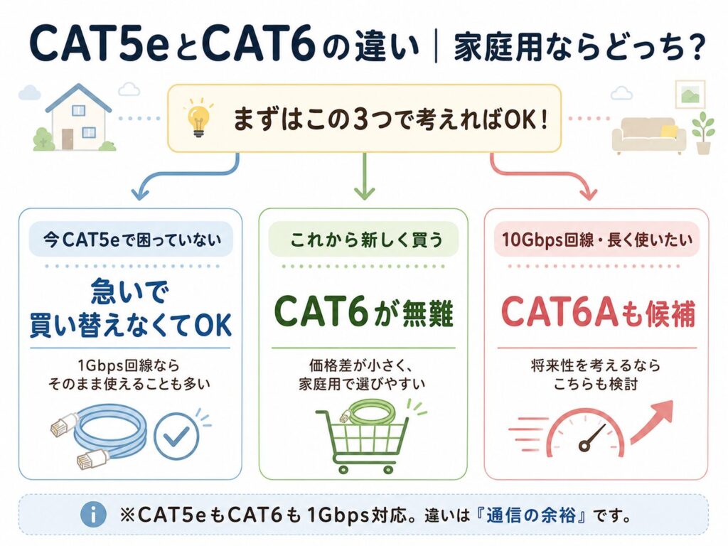CAT5eとCAT6の違いを、今CAT5eで困っていない場合は買い替え不要、これから買う場合はCAT6、10Gbps回線や長期利用ならCAT6Aも候補として整理した図解