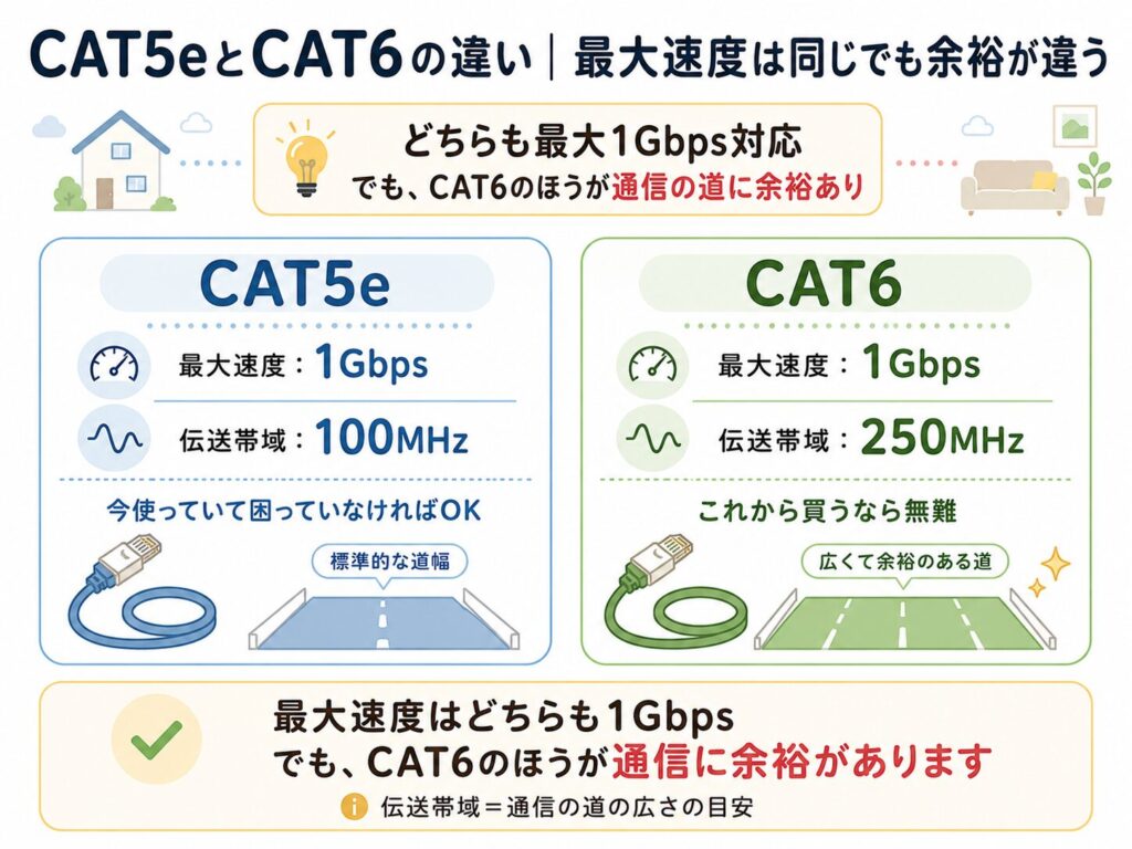 CAT5eとCAT6は最大速度はどちらも1Gbpsだが、伝送帯域はCAT5eが100MHz、CAT6が250MHzで、CAT6のほうが通信の道に余裕があることを示した比較図